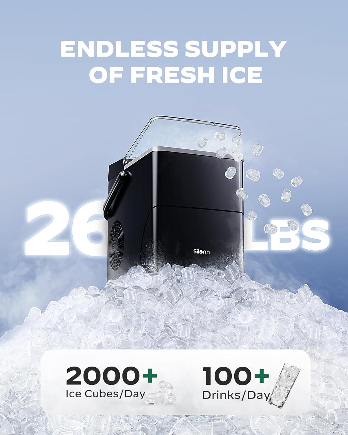 imageSilonn Countertop Ice Maker with Expanding Ice Basket 9 Cubes in 6 Mins 25L Ice Basket SelfCleaning Ice Maker with LED Touch Control 2 Bullet Ice Sizes for Home Kitchen OfficeBlack