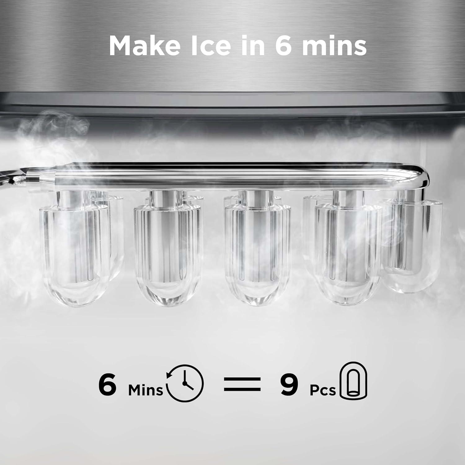 imageSilonn Ice Maker Countertop 9 Cubes Ready in 6 Mins 26lbs in 24Hrs SelfCleaning Ice Machine with Ice Scoop and Basket 2 Sizes of Bullet Ice for Home Kitchen Office Bar PartyStainless Steel01