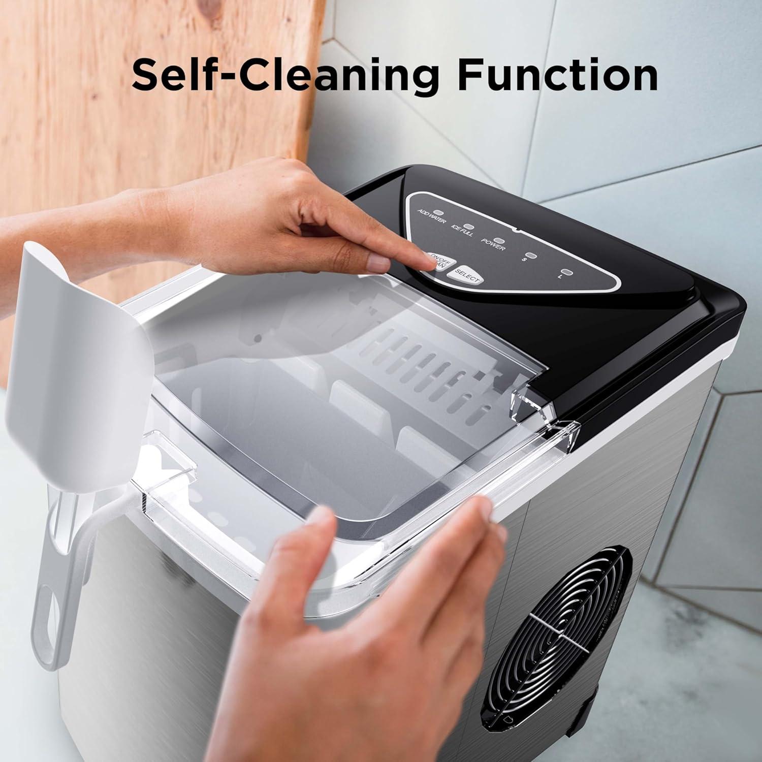 imageSilonn Ice Maker Countertop 9 Cubes Ready in 6 Mins 26lbs in 24Hrs SelfCleaning Ice Machine with Ice Scoop and Basket 2 Sizes of Bullet Ice for Home Kitchen Office Bar PartyStainless Steel01