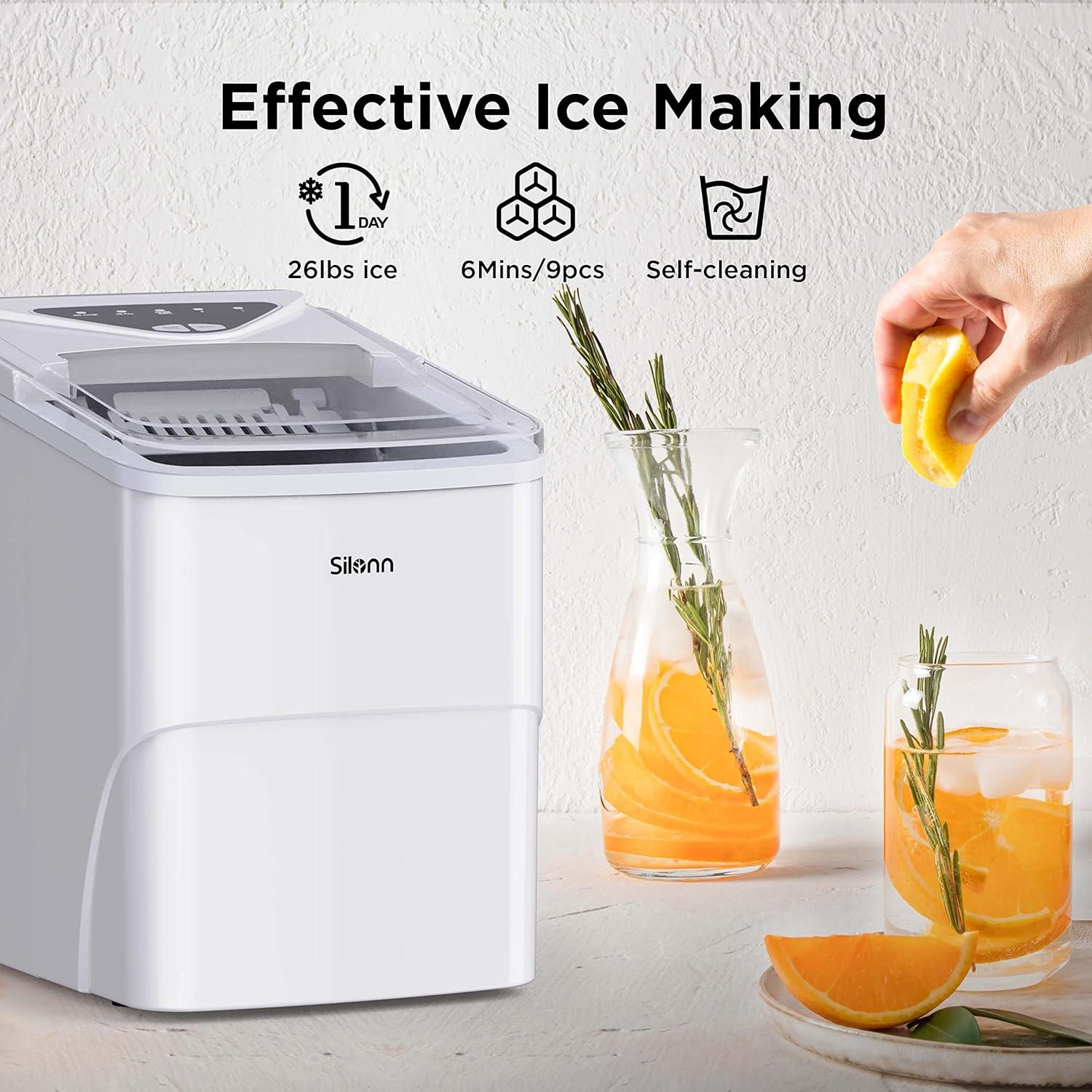 imageSilonn Ice Maker Countertop 9 Cubes Ready in 6 Mins 26lbs in 24Hrs SelfCleaning Ice Machine with Ice Scoop and Basket 2 Sizes of Bullet Ice for Home Kitchen Office Bar PartyWhite
