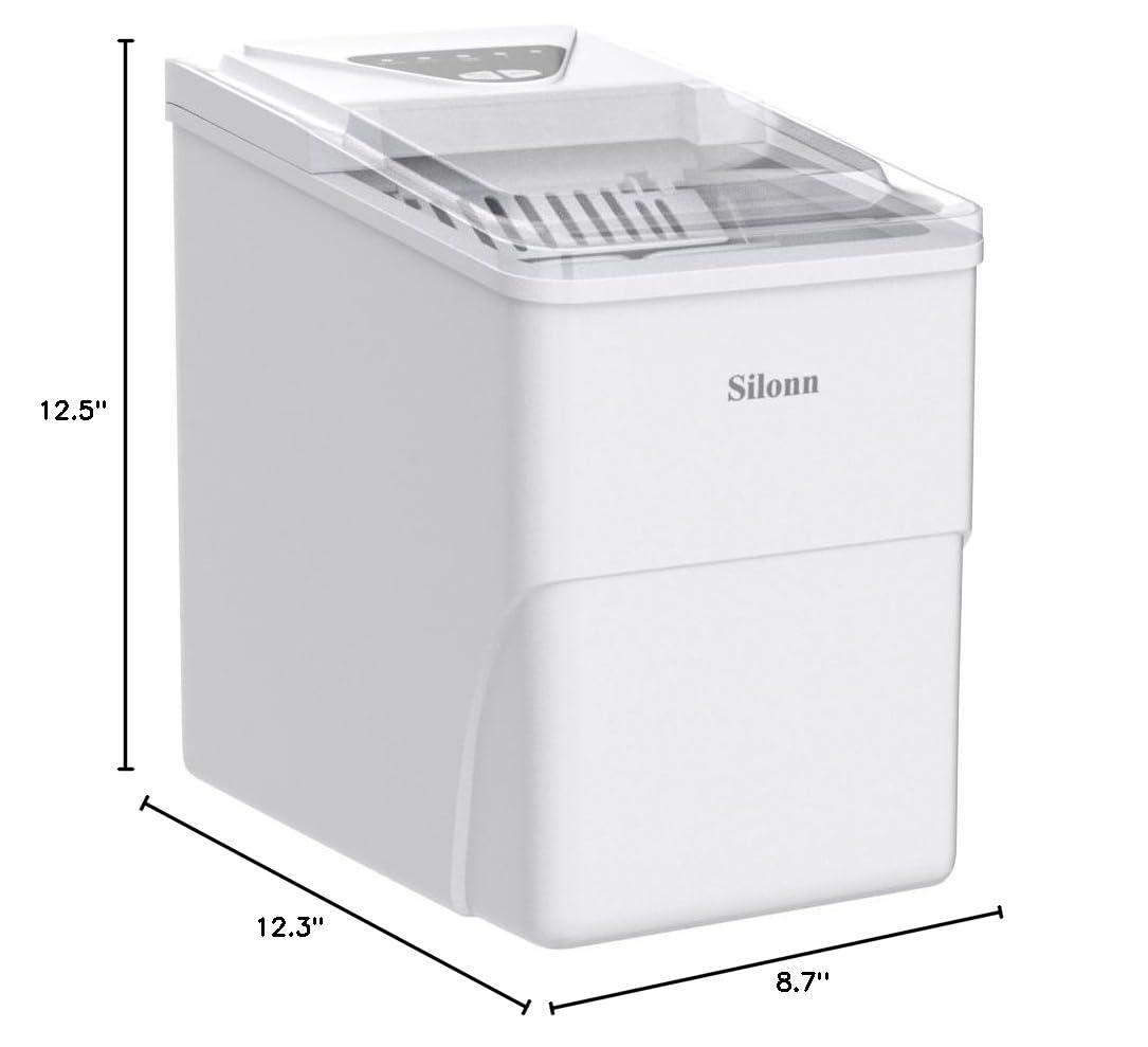 imageSilonn Ice Maker Countertop 9 Cubes Ready in 6 Mins 26lbs in 24Hrs SelfCleaning Ice Machine with Ice Scoop and Basket 2 Sizes of Bullet Ice for Home Kitchen Office Bar PartyWhite