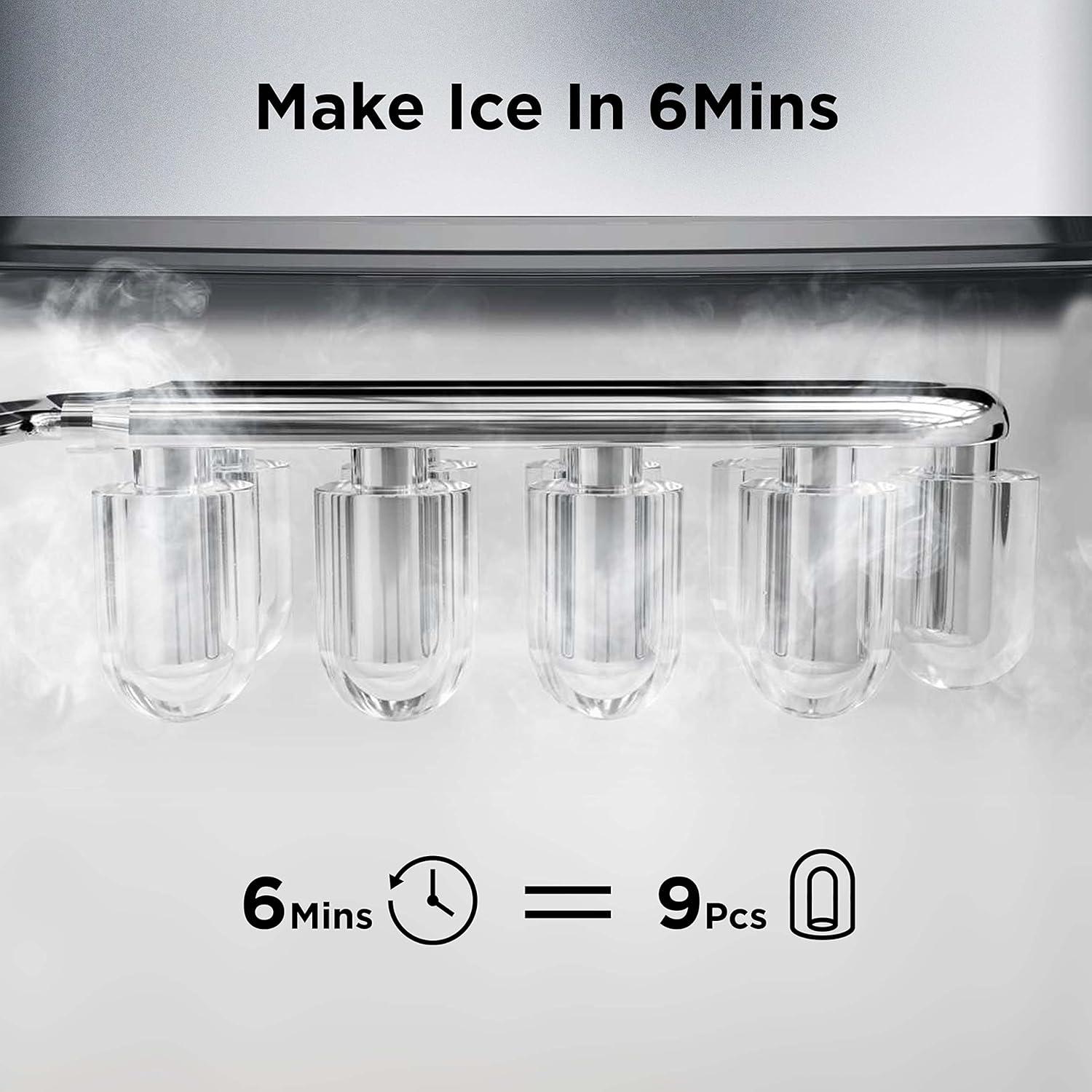 imageSilonn Ice Maker Countertop 9 Cubes Ready in 6 Mins 26lbs in 24Hrs SelfCleaning Ice Machine with Ice Scoop and Basket 2 Sizes of Bullet Ice for Home Kitchen Office Bar PartySilver