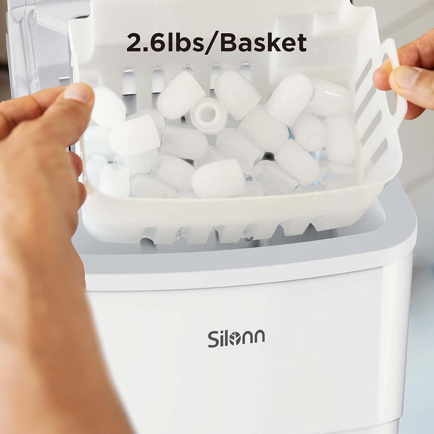 imageSilonn Ice Maker Countertop 9 Cubes Ready in 6 Mins 26lbs in 24Hrs SelfCleaning Ice Machine with Ice Scoop and Basket 2 Sizes of Bullet Ice for Home Kitchen Office Bar PartyWhite