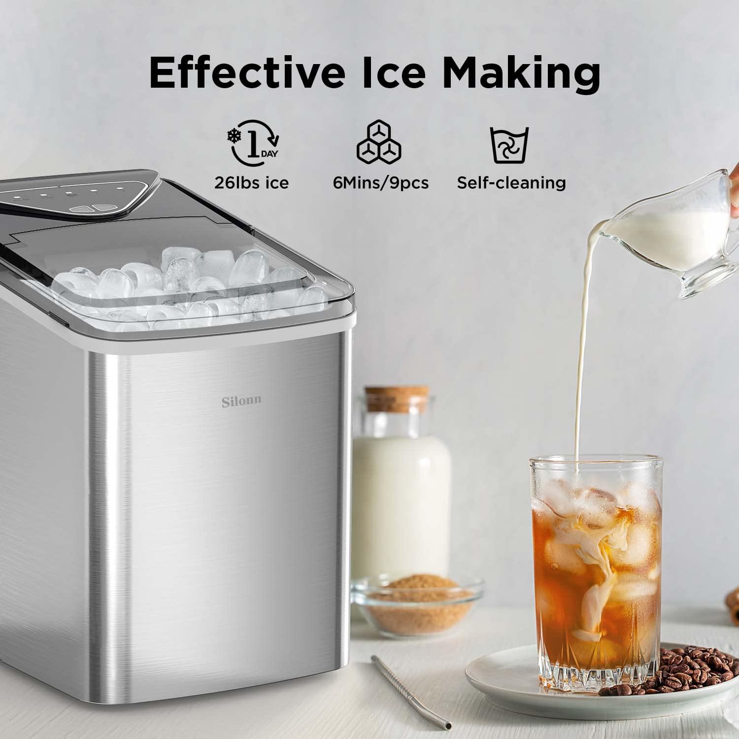 imageSilonn Ice Maker Countertop 9 Cubes Ready in 6 Mins 26lbs in 24Hrs SelfCleaning Ice Machine with Ice Scoop and Basket 2 Sizes of Bullet Ice for Home Kitchen Office Bar PartyStainless Steel
