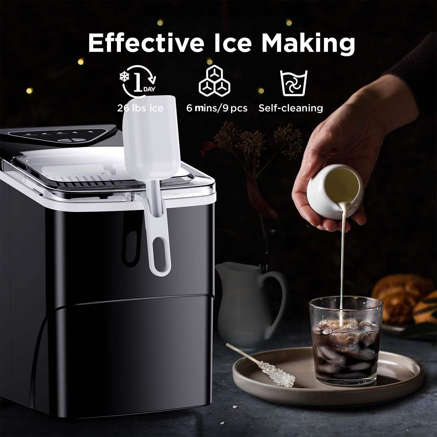 imageSilonn Ice Maker Countertop 9 Cubes Ready in 6 Mins 26lbs in 24Hrs SelfCleaning Ice Machine with Ice Scoop and Basket 2 Sizes of Bullet Ice for Home Kitchen Office Bar PartyBlack