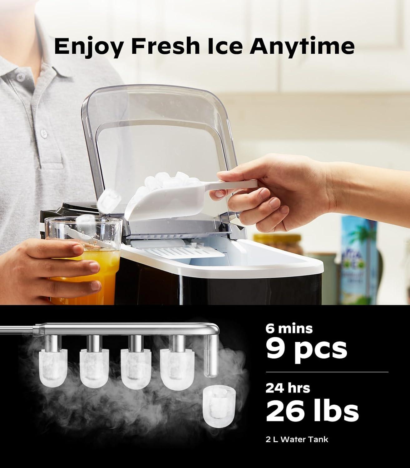 imageSilonn Ice Maker Countertop 9 Cubes Ready in 6 Mins 26lbs in 24Hrs SelfCleaning Ice Machine with Ice Scoop and Basket 2 Sizes of Bullet Ice for Home Kitchen Office Bar PartyBlackAPP