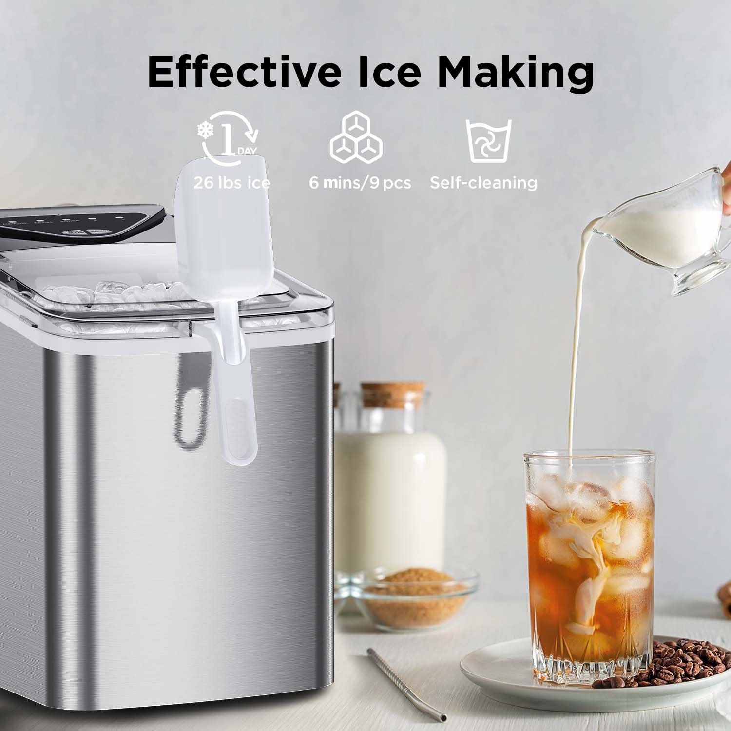imageSilonn Ice Maker Countertop 9 Cubes Ready in 6 Mins 26lbs in 24Hrs SelfCleaning Ice Machine with Ice Scoop and Basket 2 Sizes of Bullet Ice for Home Kitchen Office Bar PartyStainless Steel01