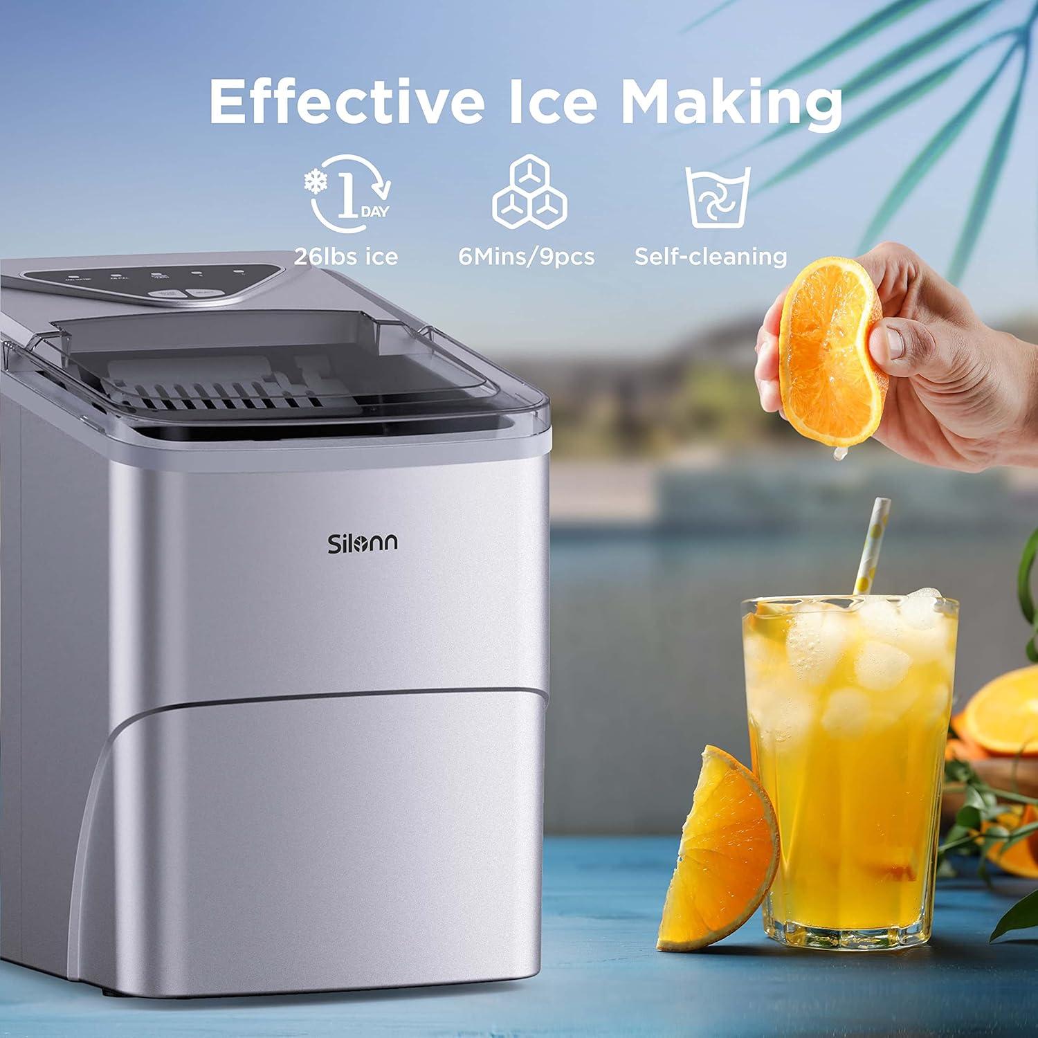 imageSilonn Ice Maker Countertop 9 Cubes Ready in 6 Mins 26lbs in 24Hrs SelfCleaning Ice Machine with Ice Scoop and Basket 2 Sizes of Bullet Ice for Home Kitchen Office Bar PartySilver