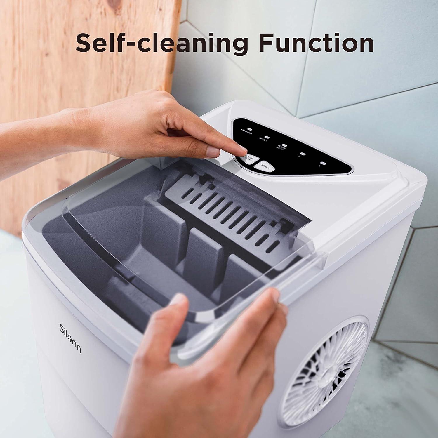 imageSilonn Ice Maker Countertop 9 Cubes Ready in 6 Mins 26lbs in 24Hrs SelfCleaning Ice Machine with Ice Scoop and Basket 2 Sizes of Bullet Ice for Home Kitchen Office Bar PartyWhite