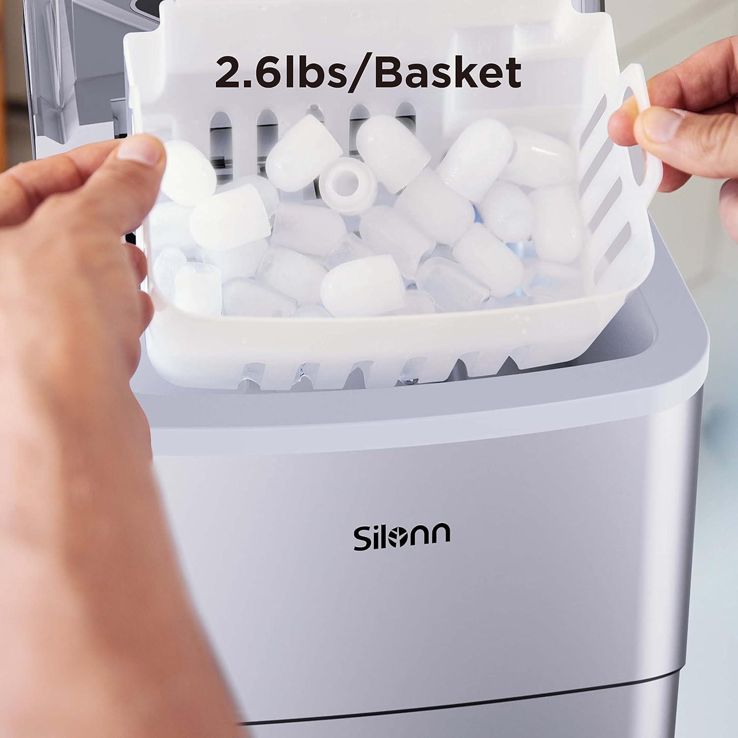 imageSilonn Ice Maker Countertop 9 Cubes Ready in 6 Mins 26lbs in 24Hrs SelfCleaning Ice Machine with Ice Scoop and Basket 2 Sizes of Bullet Ice for Home Kitchen Office Bar PartySilver