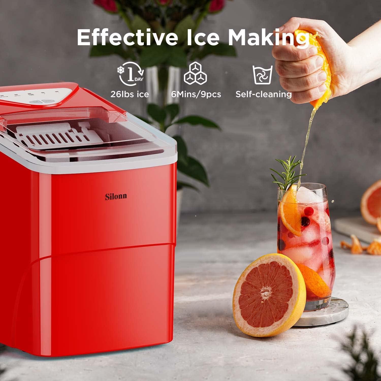 imageSilonn Ice Maker Countertop 9 Cubes Ready in 6 Mins 26lbs in 24Hrs SelfCleaning Ice Machine with Ice Scoop and Basket 2 Sizes of Bullet Ice for Home Kitchen Office Bar PartyRed