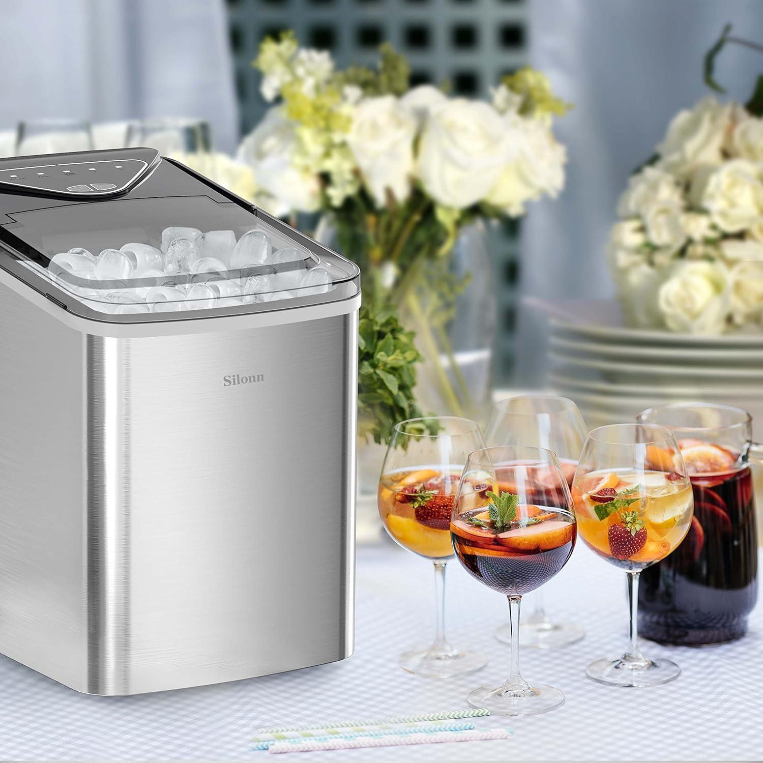 imageSilonn Ice Maker Countertop 9 Cubes Ready in 6 Mins 26lbs in 24Hrs SelfCleaning Ice Machine with Ice Scoop and Basket 2 Sizes of Bullet Ice for Home Kitchen Office Bar PartyStainless Steel