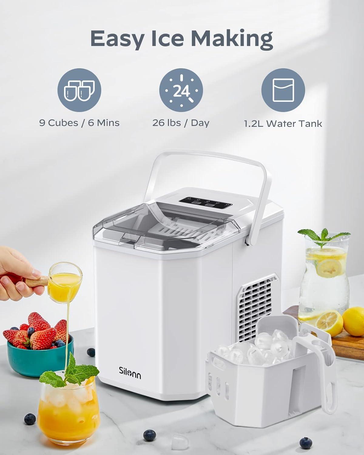 imageSilonn Ice Maker Countertop Portable Ice Machine with Carry Handle SelfCleaning Ice Makers with Basket and Scoop 9 Cubes in 6 Mins 26 lbs per Day Ideal for Home Kitchen Camping RVMoonlight White
