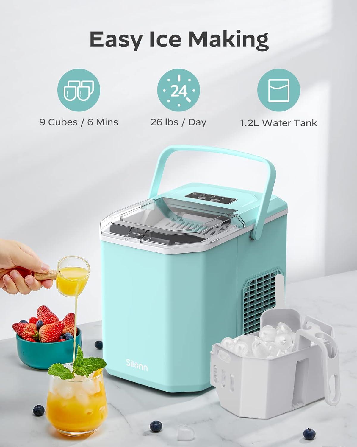 imageSilonn Ice Maker Countertop Portable Ice Machine with Carry Handle SelfCleaning Ice Makers with Basket and Scoop 9 Cubes in 6 Mins 26 lbs per Day Ideal for Home Kitchen Camping RVLight Green