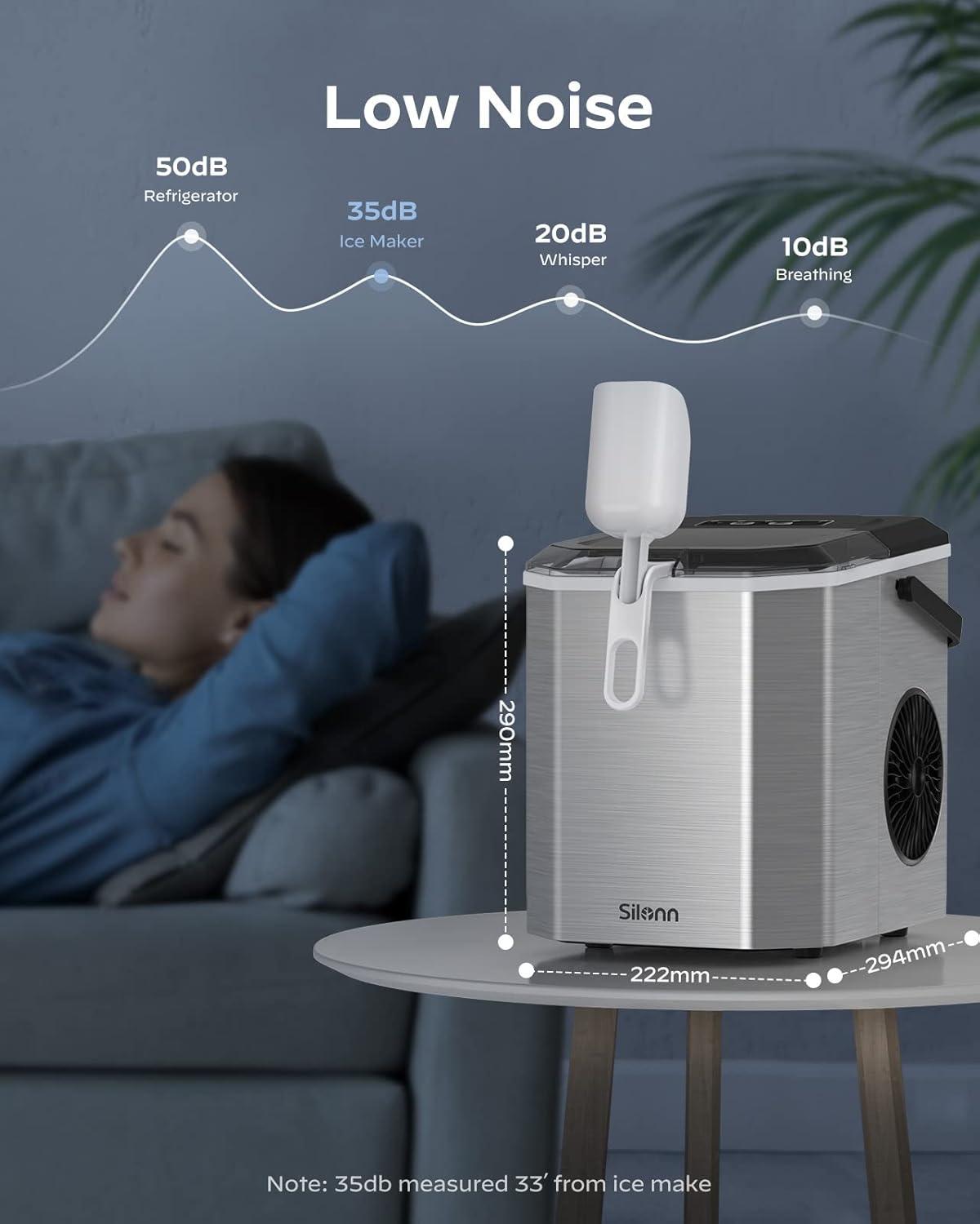 imageSilonn Ice Maker Countertop Portable Ice Machine with Carry Handle SelfCleaning Ice Makers with Basket and Scoop 9 Cubes in 6 Mins 26 lbs per Day Ideal for Home Kitchen Camping RVSilver