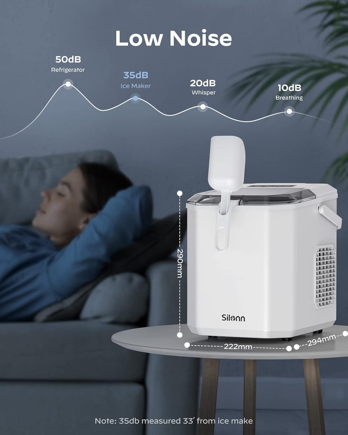 imageSilonn Ice Maker Countertop Portable Ice Machine with Carry Handle SelfCleaning Ice Makers with Basket and Scoop 9 Cubes in 6 Mins 26 lbs per Day Ideal for Home Kitchen Camping RVMoonlight White