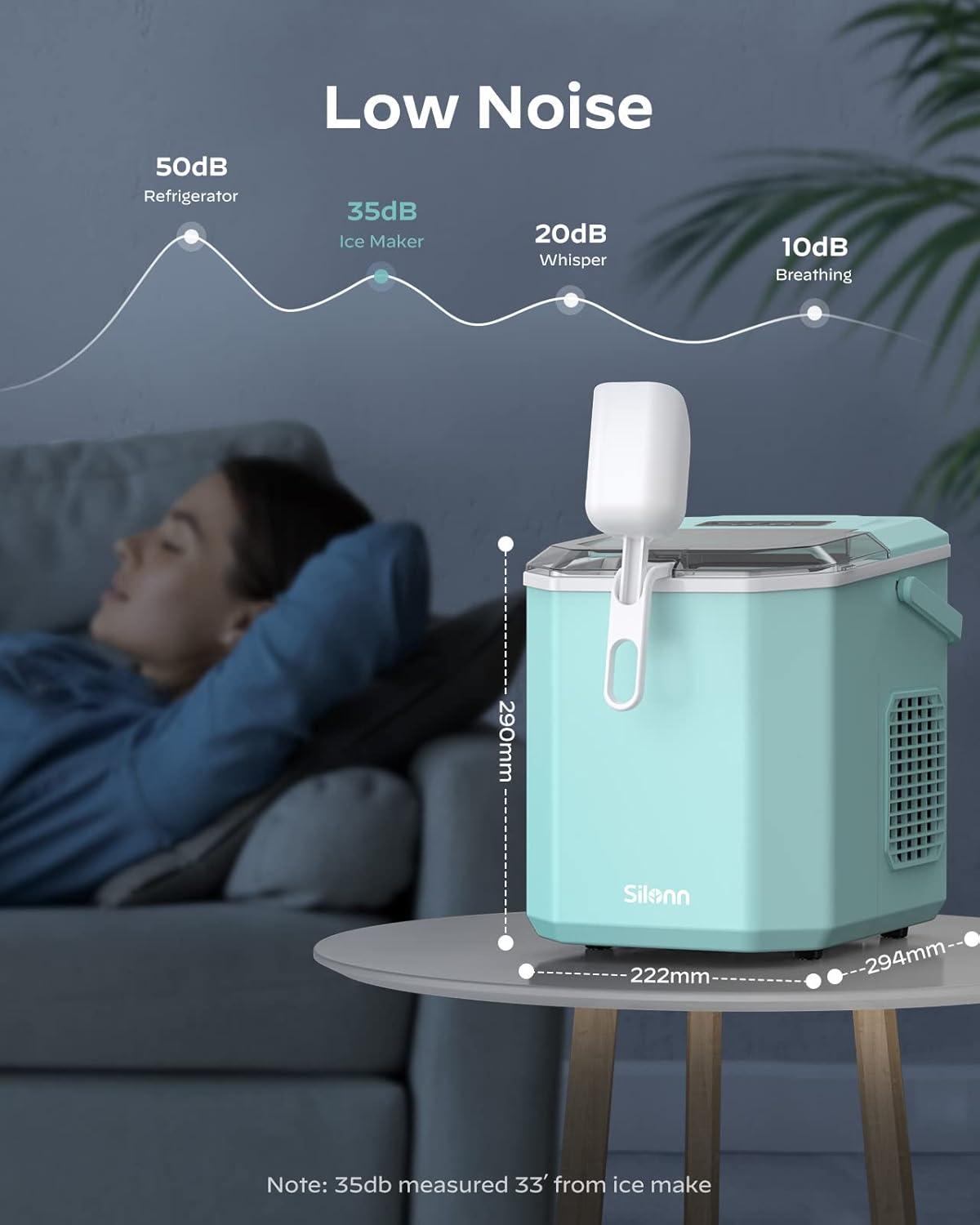 imageSilonn Ice Maker Countertop Portable Ice Machine with Carry Handle SelfCleaning Ice Makers with Basket and Scoop 9 Cubes in 6 Mins 26 lbs per Day Ideal for Home Kitchen Camping RVLight Green