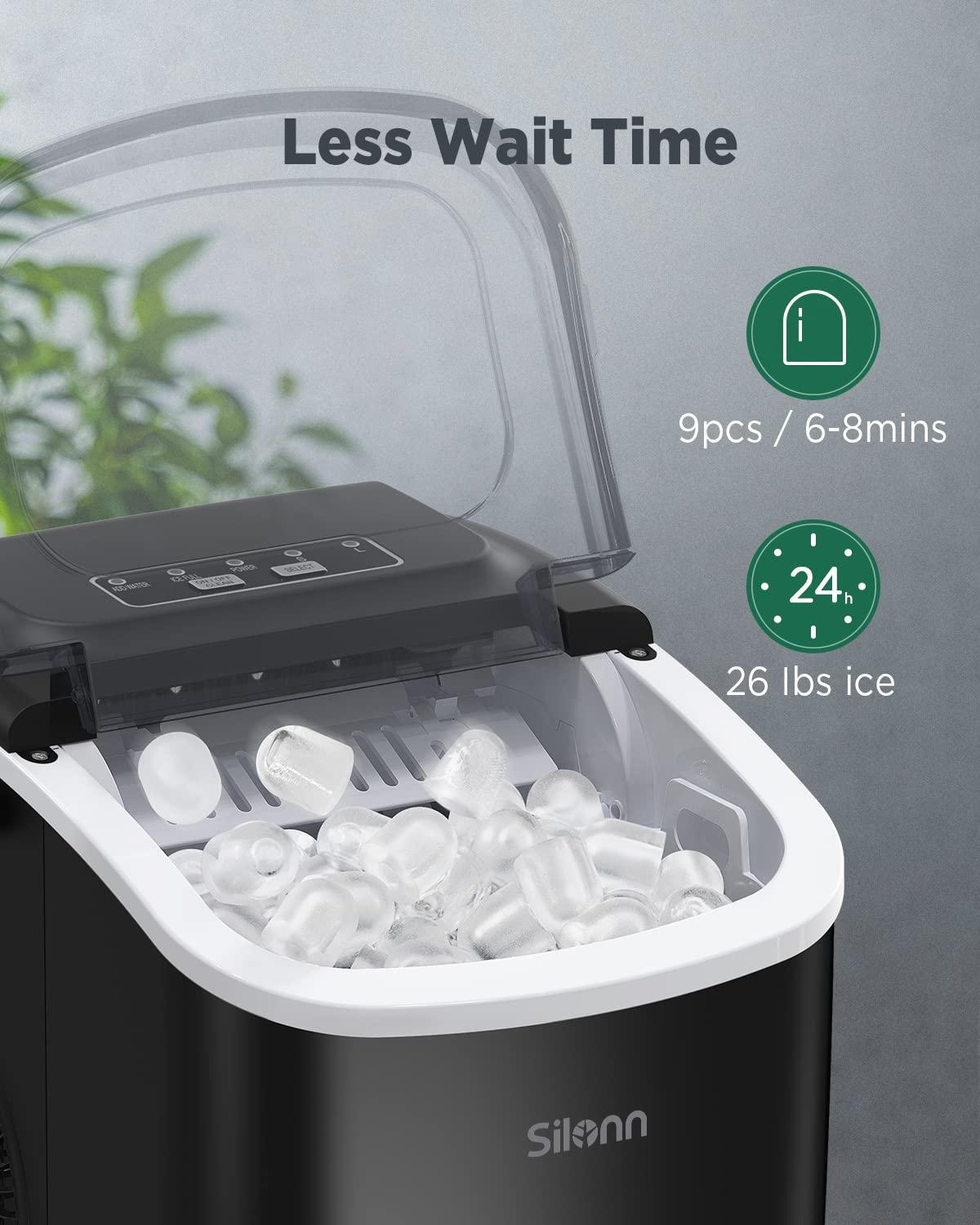 imageSilonn Ice Maker Countertop Portable Ice Machine with Carry Handle SelfCleaning Ice Makers with Basket and Scoop 9 Cubes in 6 Mins 26 lbs per Day Ideal for Home Kitchen Camping RVDark