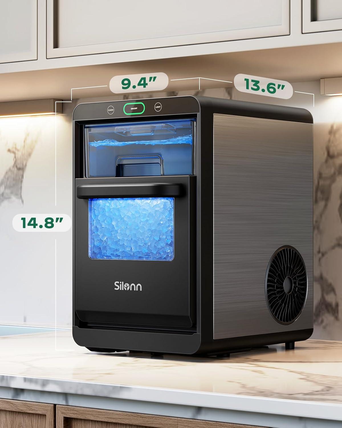 imageSilonn Ice Maker Countertop Portable Ice Machine with Carry Handle SelfCleaning Ice Makers with Basket and Scoop 9 Cubes in 6 Mins 26 lbs per Day Ideal for Home Kitchen Camping RVStainless Steel