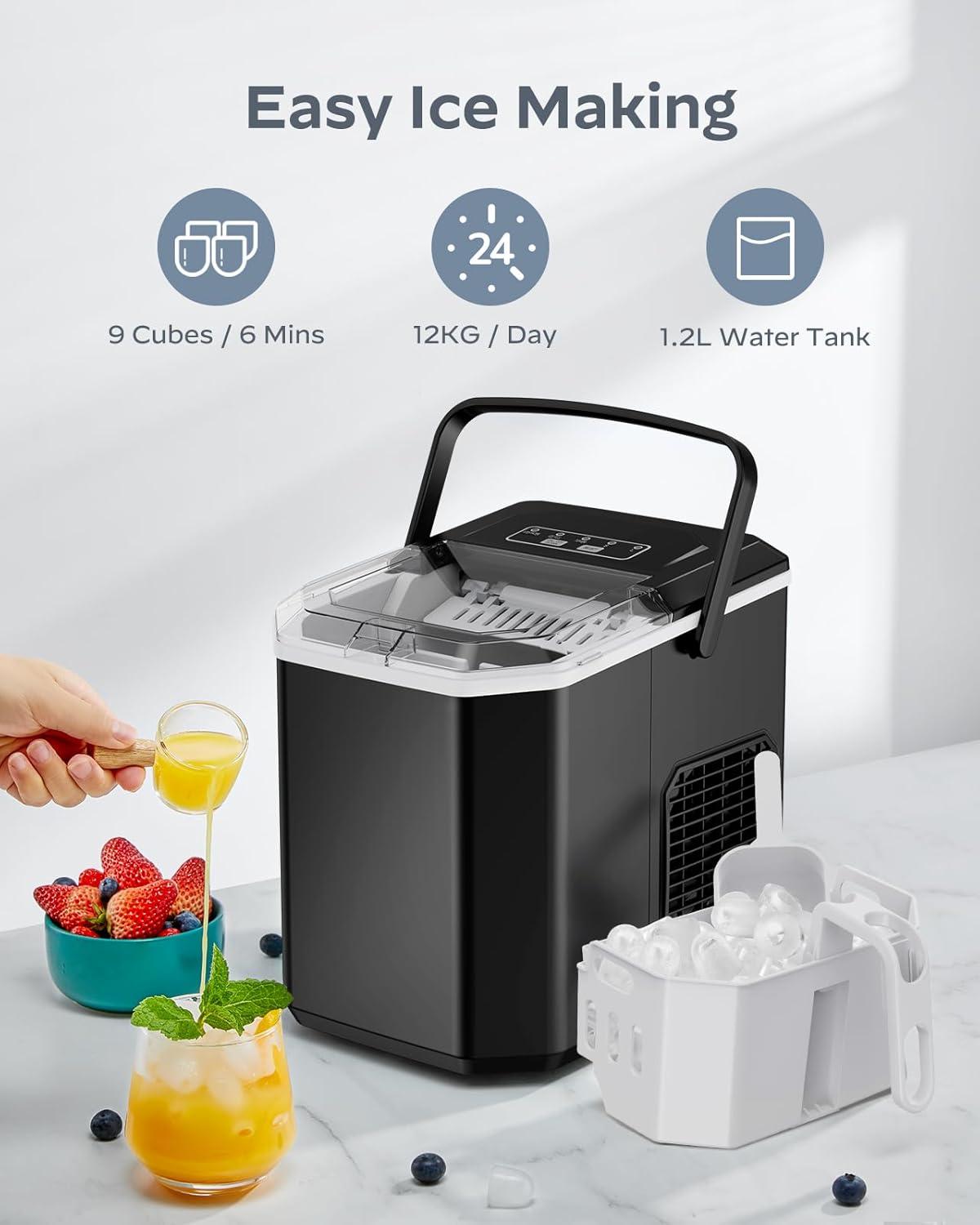 imageSilonn Ice Maker Countertop Portable Ice Machine with Carry Handle SelfCleaning Ice Makers with Basket and Scoop 9 Cubes in 6 Mins 26 lbs per Day Ideal for Home Kitchen Camping RVBlack