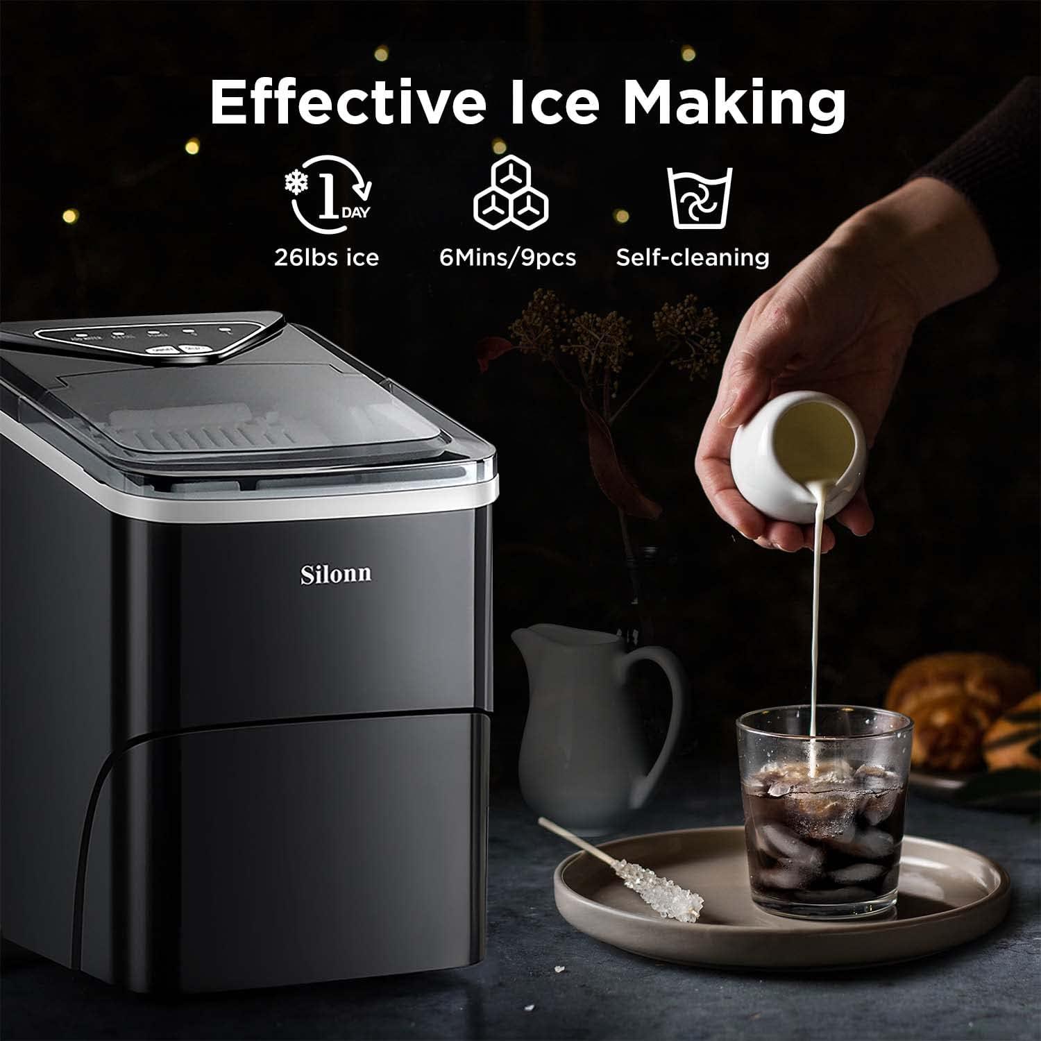 imageSilonn Ice Maker Countertop Portable Ice Machine with Carry Handle SelfCleaning Ice Makers with Basket and Scoop 9 Cubes in 6 Mins 26 lbs per Day Ideal for Home Kitchen Camping RVUpgrated Black