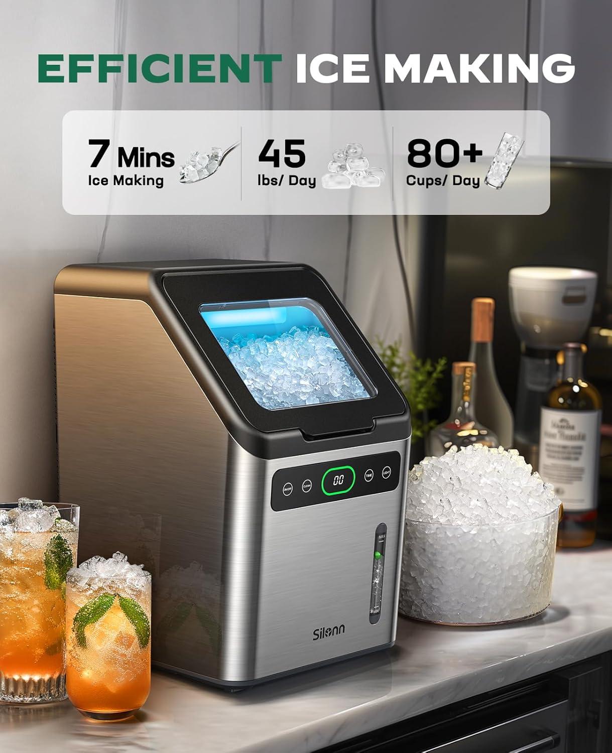 imageSilonn Nugget Ice Maker  Timer Ice Machine with SelfCleaning 44lbs per Day Pebble Ice Maker with Soft Chewable Ice OneClick Operation Ice Machine for Home Kitchen OfficeSilver