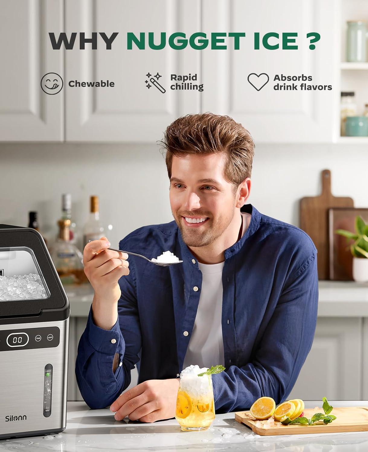 imageSilonn Nugget Ice Maker  Timer Ice Machine with SelfCleaning 44lbs per Day Pebble Ice Maker with Soft Chewable Ice OneClick Operation Ice Machine for Home Kitchen OfficeSilver