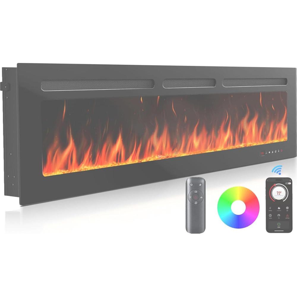 imageSilonn 60Smart Electric Fireplace Heater with App ampamp Remote Control 5300 BTU Heat Output UltraSlim WallMounted or Recessed Electric Fireplace Inserts with Timer 20 Flame ColorsWiFi EnabledBlack