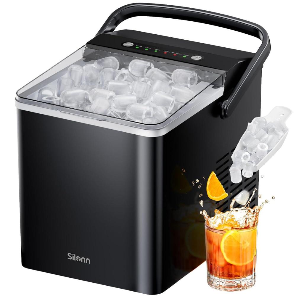 imageSilonn Ice Maker Countertop 9 Cubes Ready in 6 Mins 26lbs in 24Hrs SelfCleaning Ice Machine with Ice Scoop and Basket 2 Sizes of Bullet Ice for Home Kitchen Office Bar PartyUpgrade Black