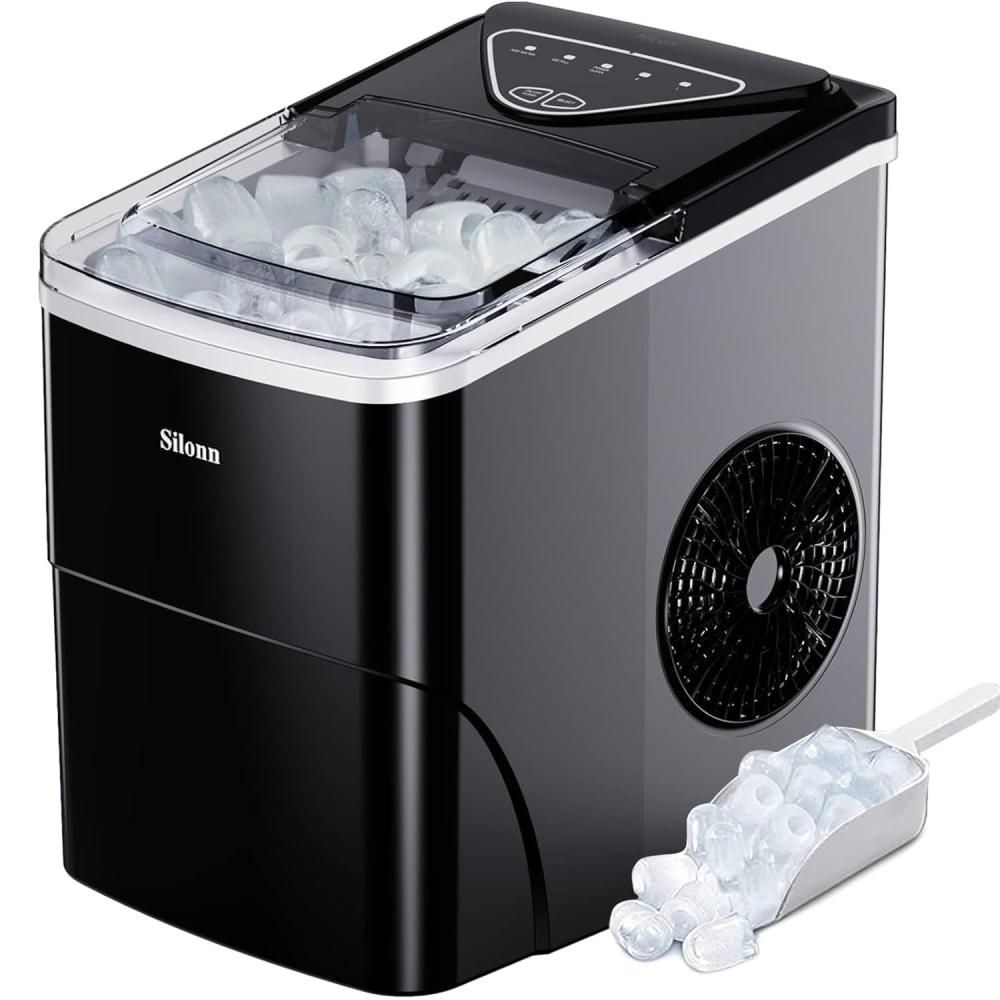 imageSilonn Ice Maker Countertop 9 Cubes Ready in 6 Mins 26lbs in 24Hrs SelfCleaning Ice Machine with Ice Scoop and Basket 2 Sizes of Bullet Ice for Home Kitchen Office Bar PartyBlack
