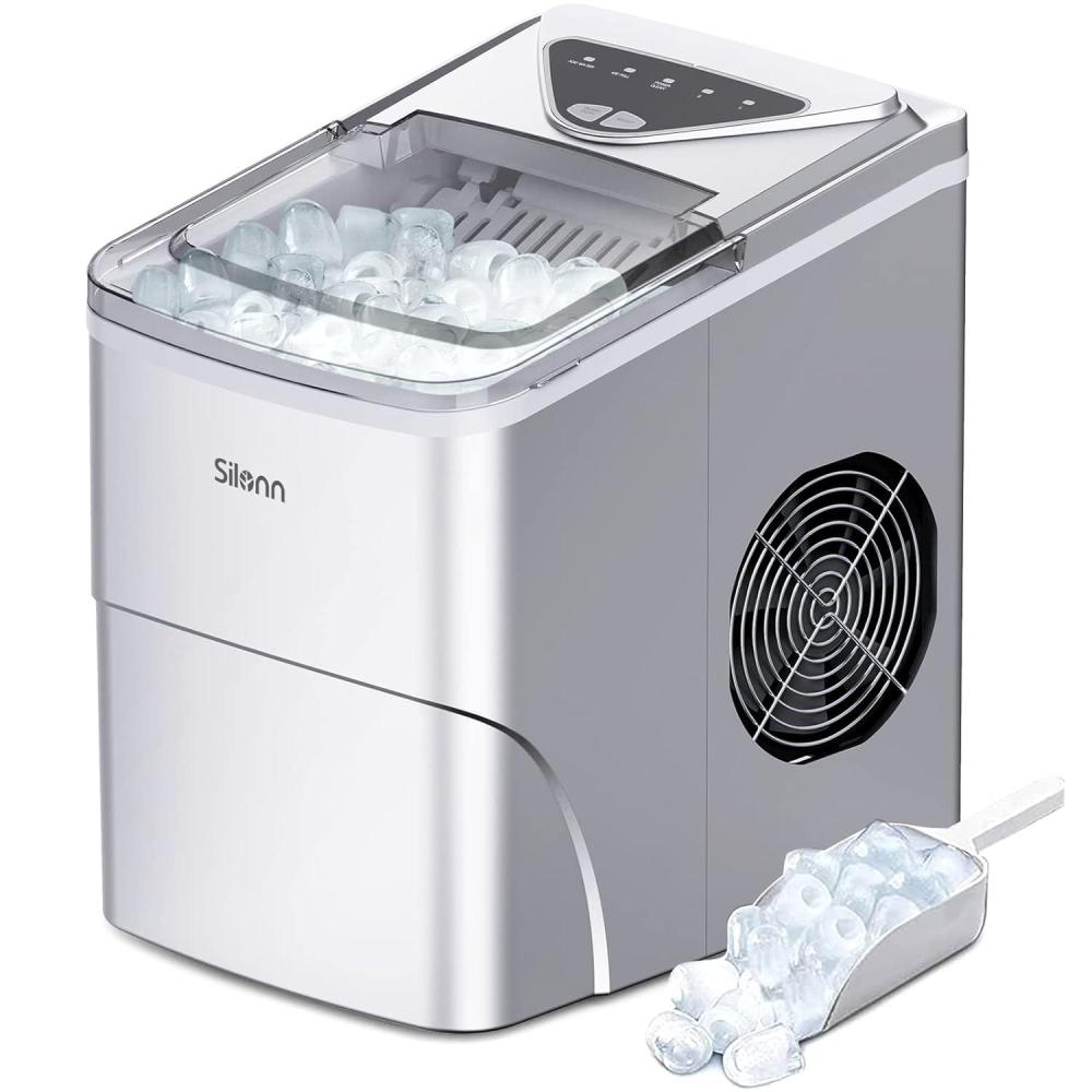 imageSilonn Ice Maker Countertop 9 Cubes Ready in 6 Mins 26lbs in 24Hrs SelfCleaning Ice Machine with Ice Scoop and Basket 2 Sizes of Bullet Ice for Home Kitchen Office Bar PartySilver