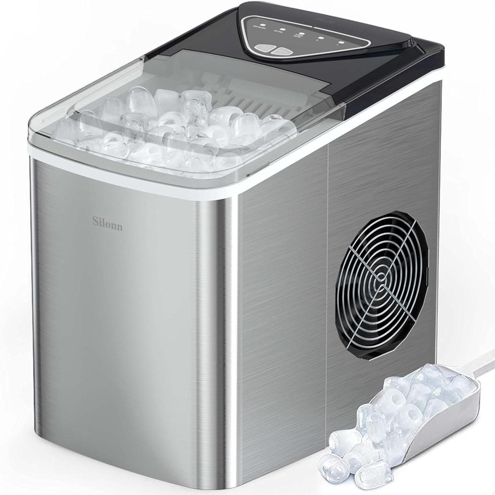 imageSilonn Ice Maker Countertop 9 Cubes Ready in 6 Mins 26lbs in 24Hrs SelfCleaning Ice Machine with Ice Scoop and Basket 2 Sizes of Bullet Ice for Home Kitchen Office Bar PartyStainless Steel