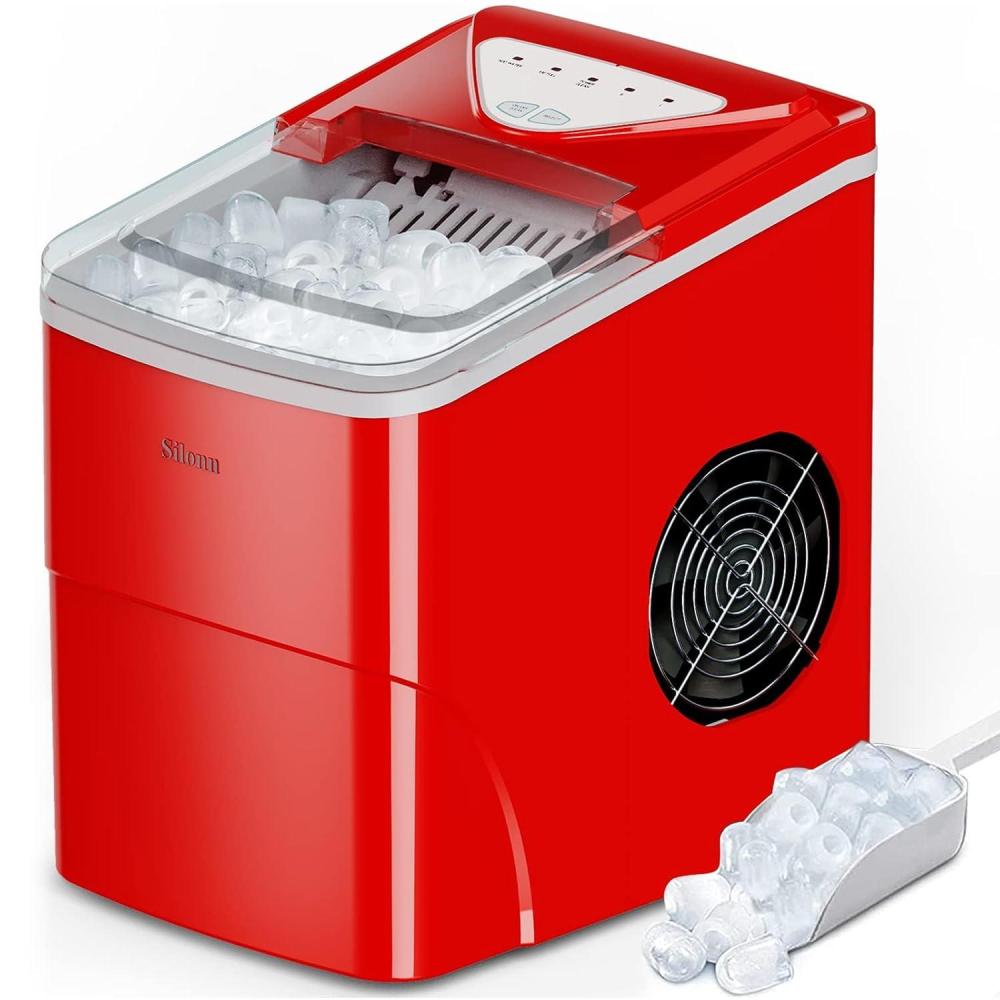 imageSilonn Ice Maker Countertop 9 Cubes Ready in 6 Mins 26lbs in 24Hrs SelfCleaning Ice Machine with Ice Scoop and Basket 2 Sizes of Bullet Ice for Home Kitchen Office Bar PartyRed