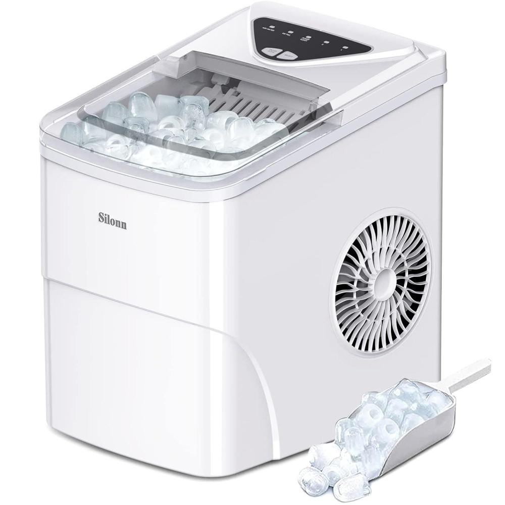imageSilonn Ice Maker Countertop 9 Cubes Ready in 6 Mins 26lbs in 24Hrs SelfCleaning Ice Machine with Ice Scoop and Basket 2 Sizes of Bullet Ice for Home Kitchen Office Bar PartyWhite