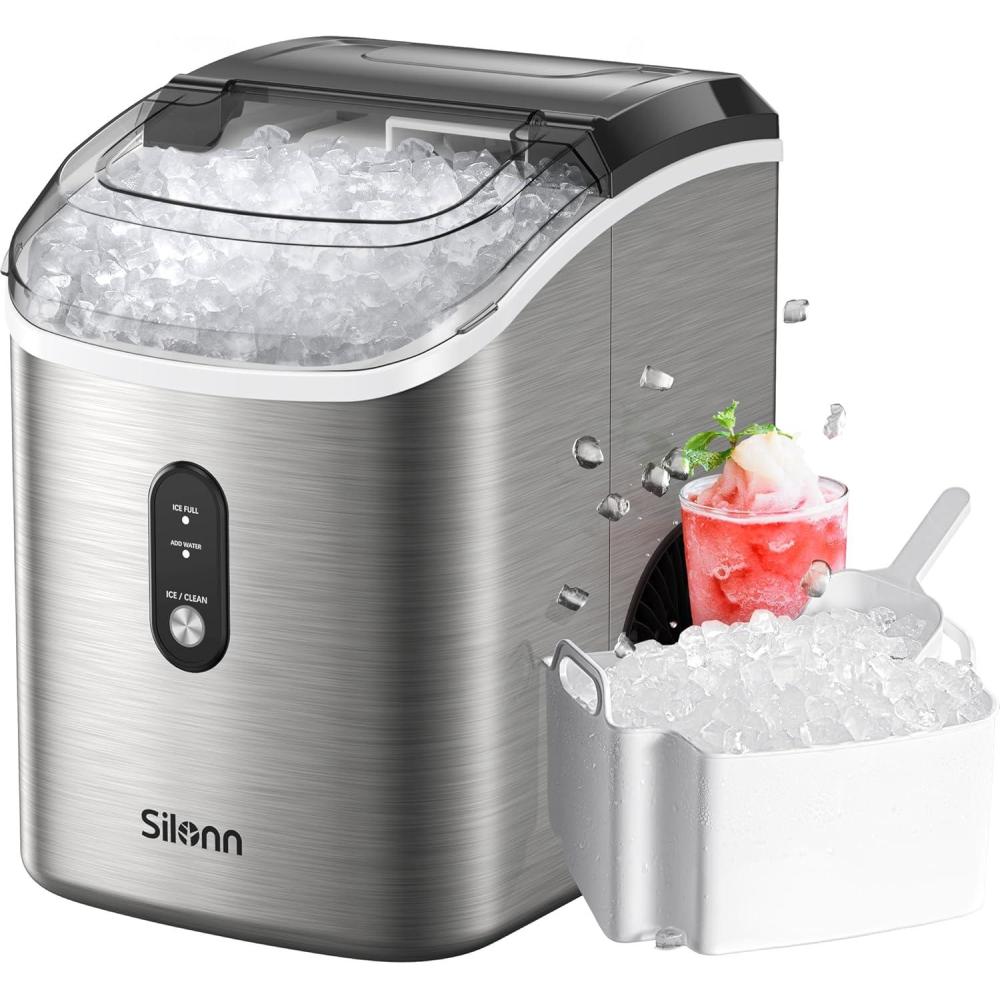 imageSilonn Nugget Ice Maker Countertop Pebble Ice Maker with Soft Chewable Ice OneClick Operation Ice Machine with SelfCleaning 33lbs24H for HomeKitchenOfficeStainless Steel17T