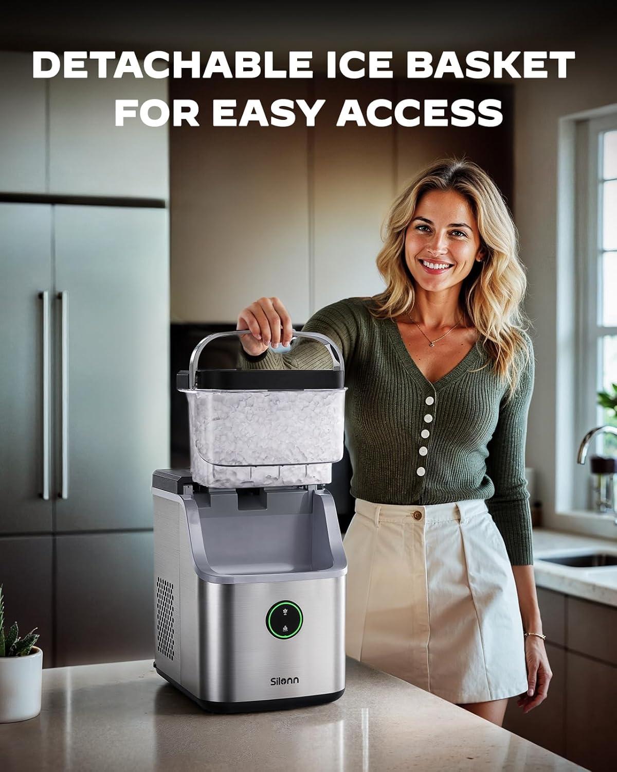 imageSilonn Nugget Ice Maker Countertop Ice Basket with Handle Quiet Operation ampamp Self Cleaning Ice Machine Chewable Ice 33 lbs24H Portable Pellet Ice Maker with Scoop for Home Kitchen and Office