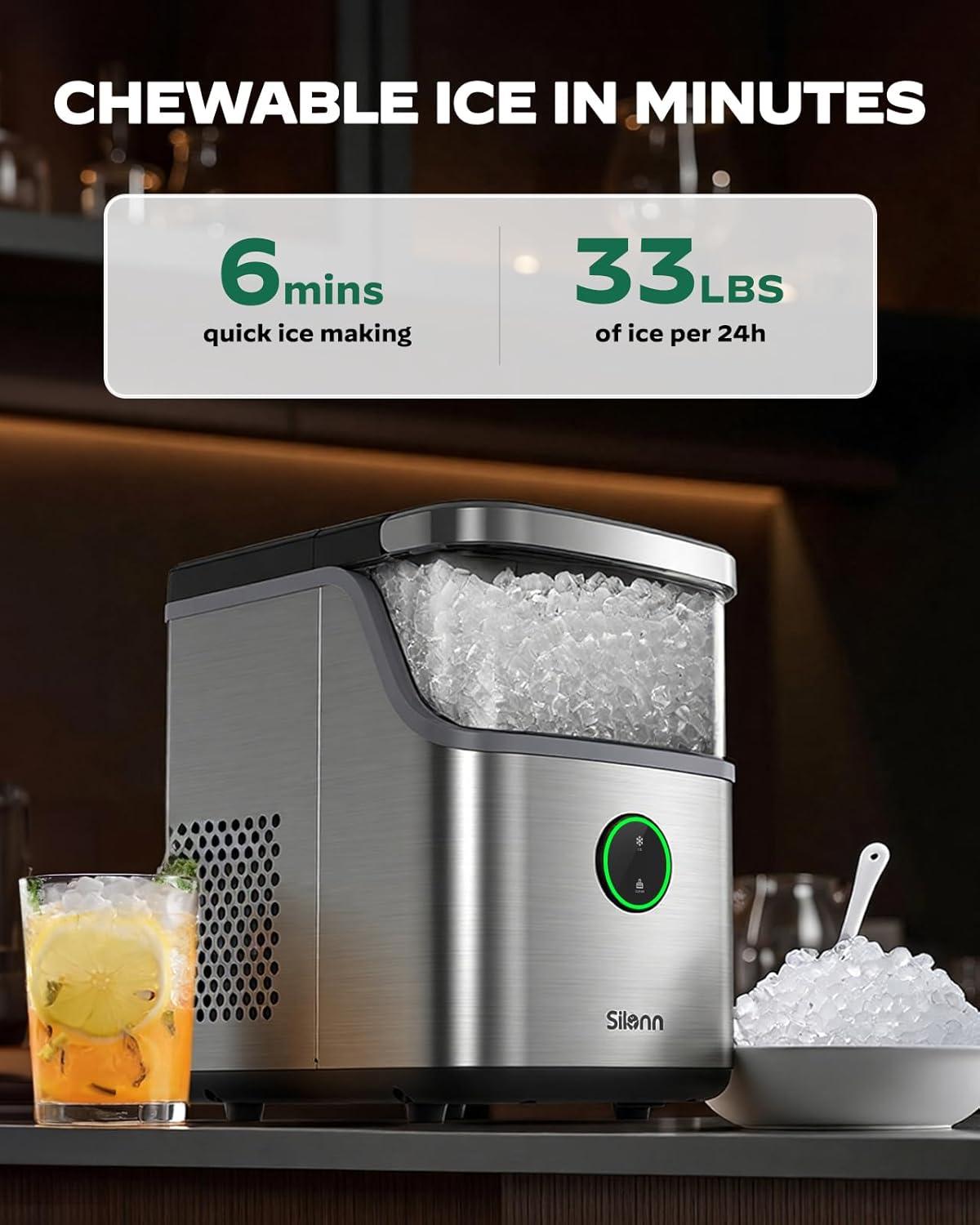 imageSilonn Nugget Ice Maker Countertop Ice Basket with Handle Quiet Operation ampamp Self Cleaning Ice Machine Chewable Ice 33 lbs24H Portable Pellet Ice Maker with Scoop for Home Kitchen and Office