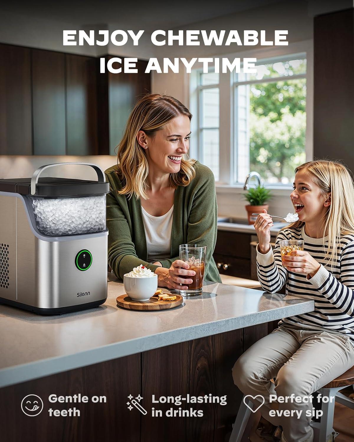 imageSilonn Nugget Ice Maker Countertop Ice Basket with Handle Quiet Operation ampamp Self Cleaning Ice Machine Chewable Ice 33 lbs24H Portable Pellet Ice Maker with Scoop for Home Kitchen and Office
